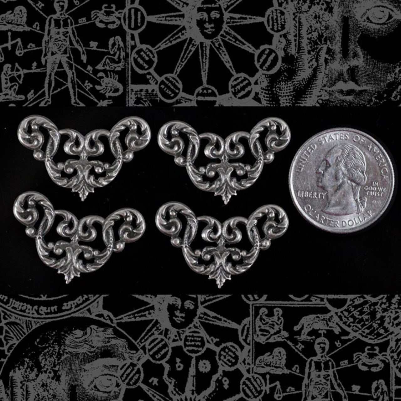 Antiqued Silver Plated Brass Vintage Corners or Connectors - Set of Four - S-2C41